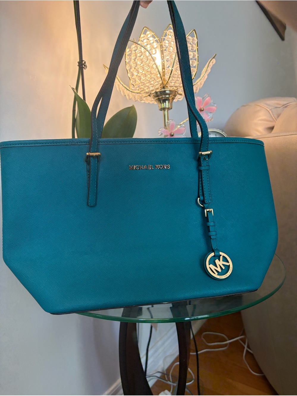 Michael Kors Teal Saffiano Tote with Gold Accent